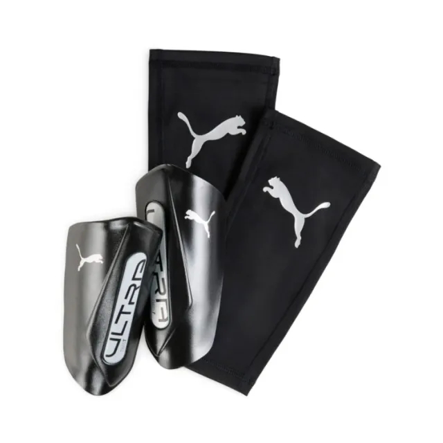 PUMA Ultra Twist Football Sleeve Shinguards, Black/Silver, size Large