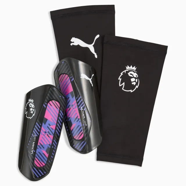 PUMA Premier League Ultra Light Football Sleeve Shinguards, Black/White, size Large