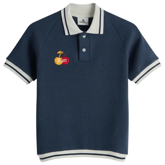 SUNDAYFRUITMARKET Women's Cherry Waffle Collar T-Shirt Navy