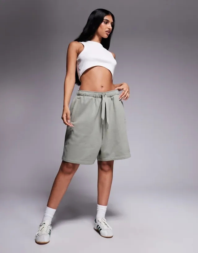 Adidas Originals Linear Logo Sweat Shorts In Khaki-Green