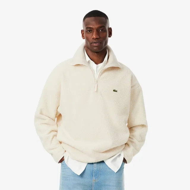 Lacoste High Zipped Neck Polar Fleece Sweatshirt - Ecru White