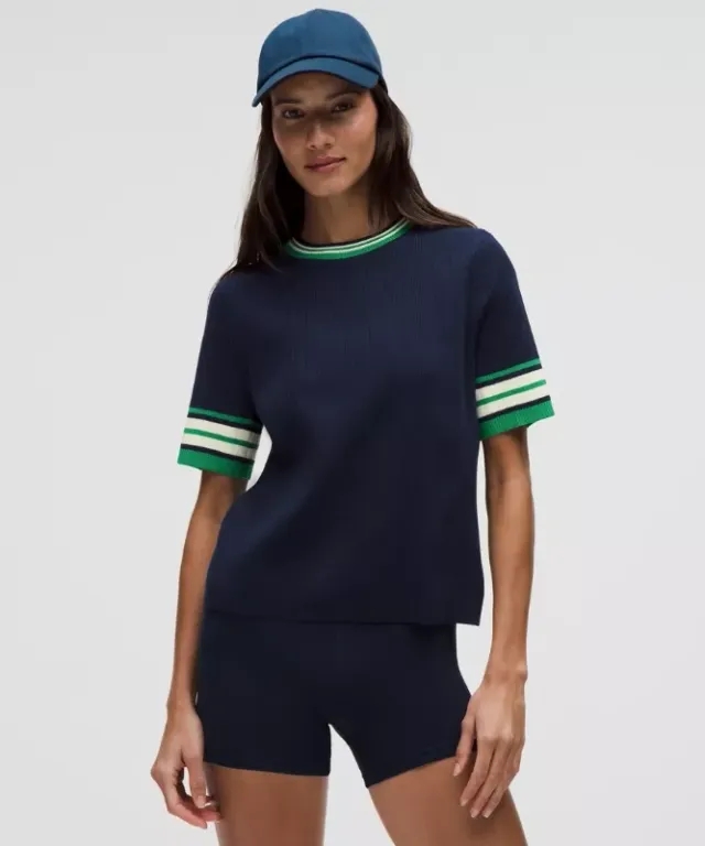 lululemon – Women's Ribbed Cotton Tipped T-Shirt – Color Blue/Green/White – Size L