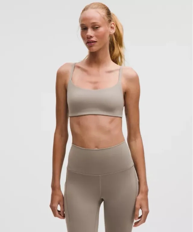 lululemon – Women's Wunder Train Strappy Racer Sports Bra Light Support, A/B Cup – Color Grey/Khaki – Size 10