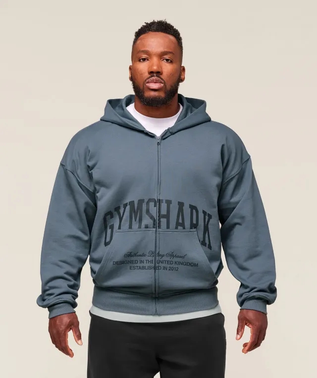  Collegiate Script Zip Up Hoodie - Iron Blue
