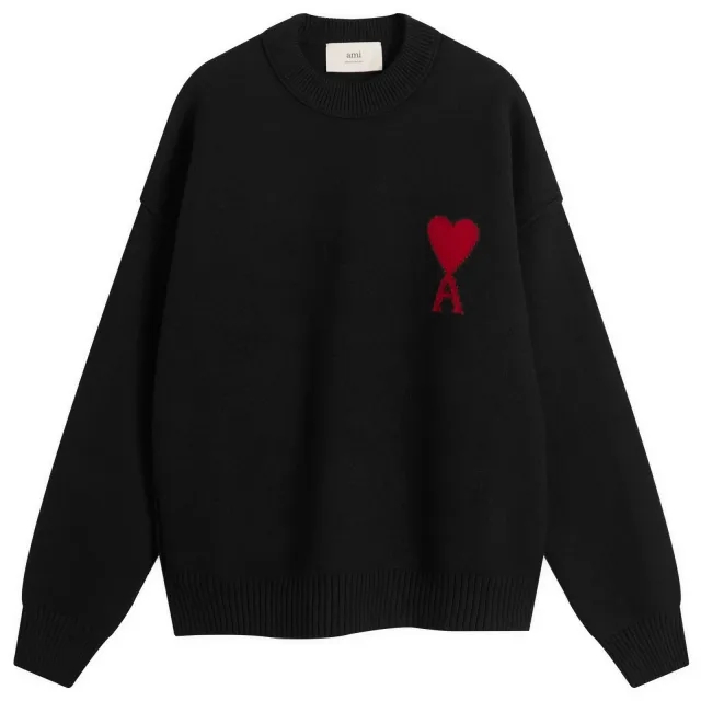 AMI Paris Men's Felted Merino Wool Knit ADC Crew Neck Jumper Noir/Rouge