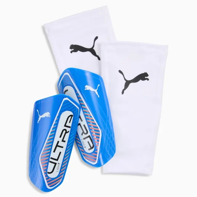 PUMA Ultra Light Football Sleeve Shinguards, Ultra Blue/White/Glowing Red, size Large