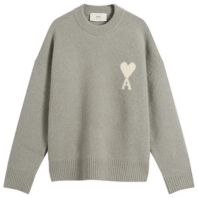 AMI Paris Men's Alpaca Knit ADC Crew Neck Jumper Gris/Ecru