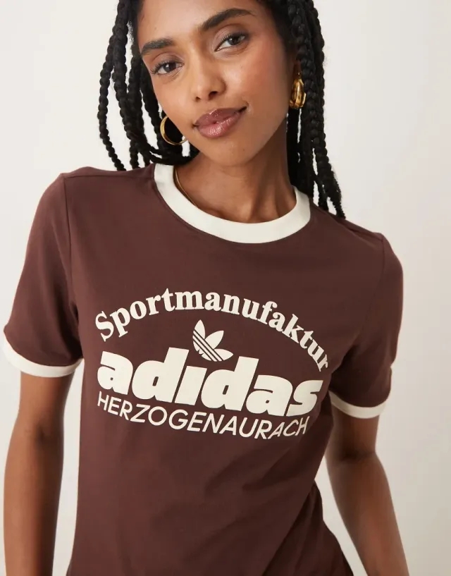 Adidas Originals Retro Logo T-Shirt In Brown And White