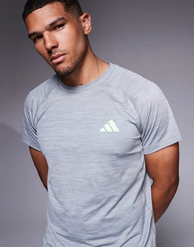 Adidas Training Gym+ 3 Stripe T-Shirt In Grey And Green Pop