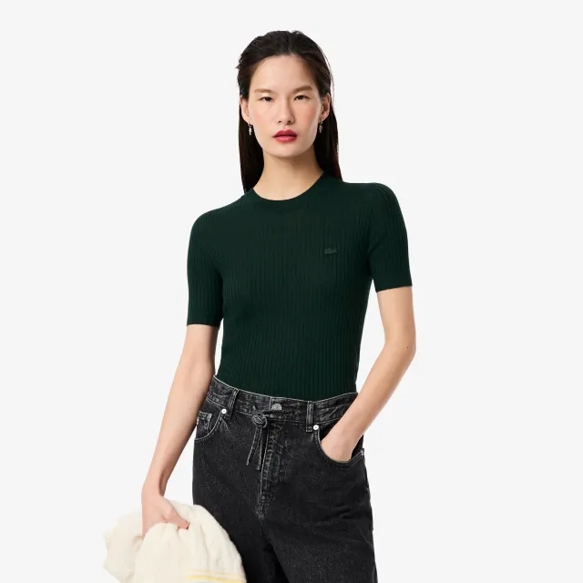 Lacoste Short Sleeved Merino Wool Rib Knit Sweater - Sinople Green