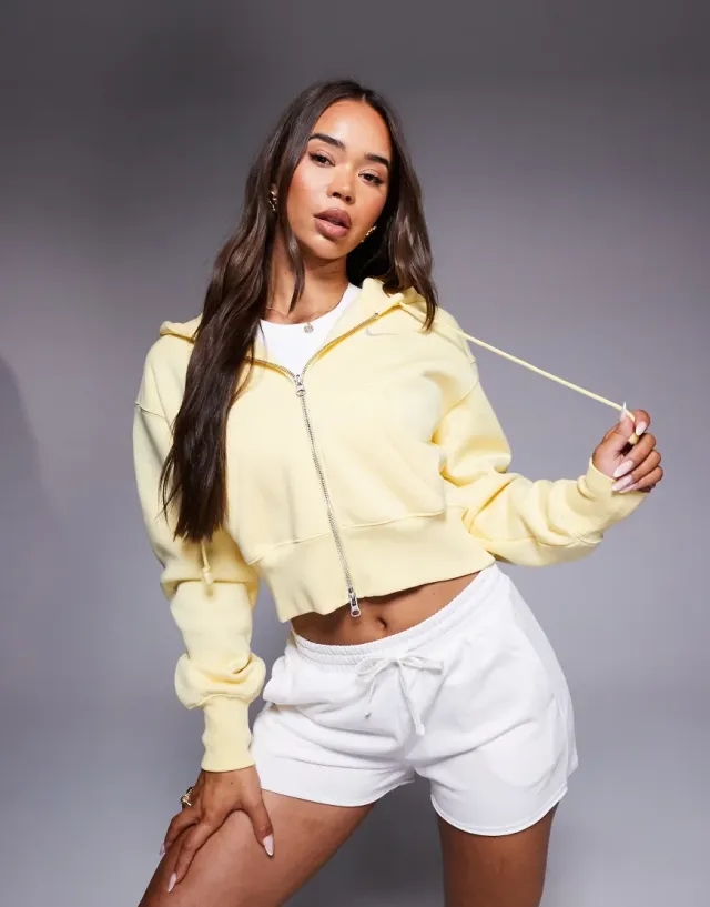 Nike Phoenix Fleece Cropped Full Zip Hoodie In Yellow-Pink