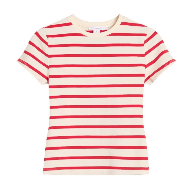 Good American Women's Super Stretch Baby T-Shirt Ecru/Chili Wide Stripe