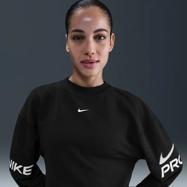 Nike Pro Women's Dri-FIT Loose Crew-Neck French Terry Sweatshirt - Black - Sustainable Materials