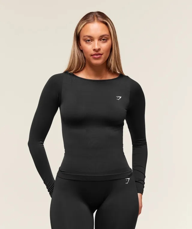  Everyday Seamless Wide Neck Long Sleeve Top - Black