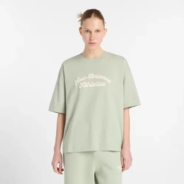 New Balance Women's Linear Heritage Oversized T-Shirt in Green Cotton Jersey