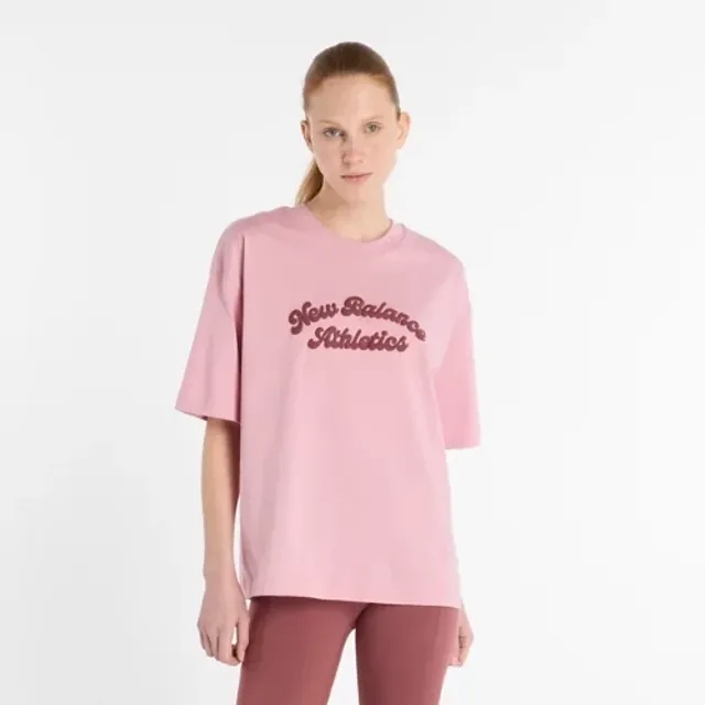 New Balance Women's Linear Heritage Oversized T-Shirt in Pink Cotton Jersey