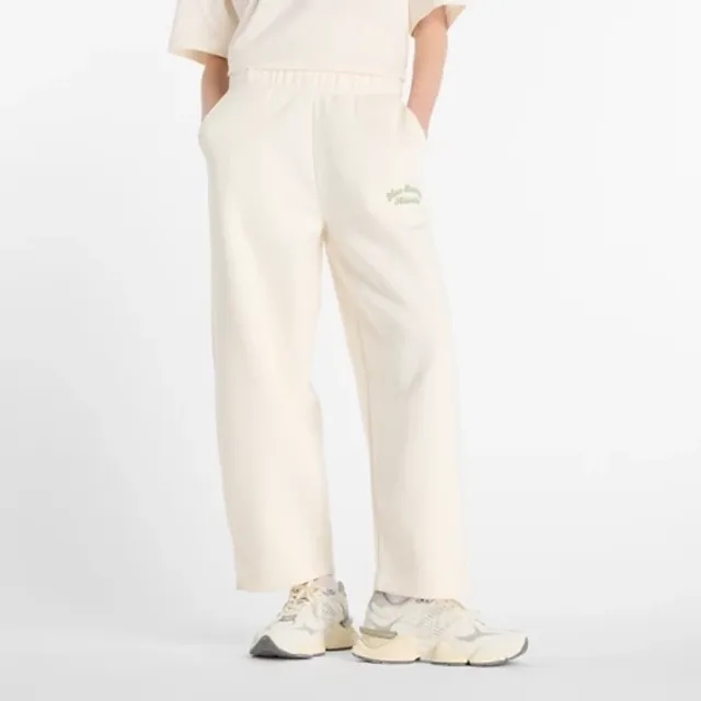 New Balance Women's Linear Heritage Fleece Barrel Leg Pant in White Poly Knit