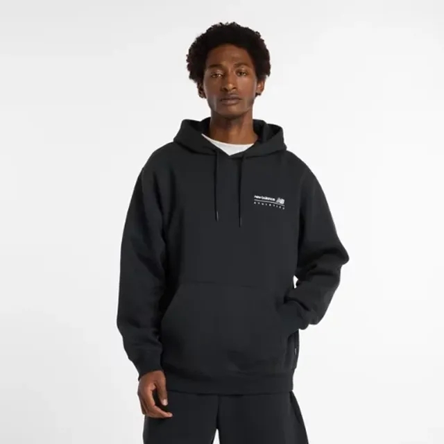 New Balance Men's Linear Graphic Fleece Hoodie in Black Cotton