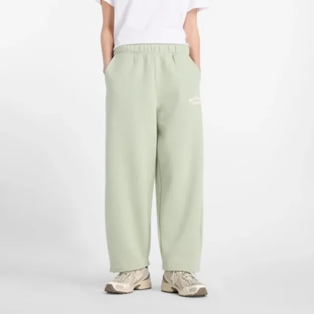 New Balance Women's Linear Heritage Fleece Barrel Leg Pant in Green Poly Knit