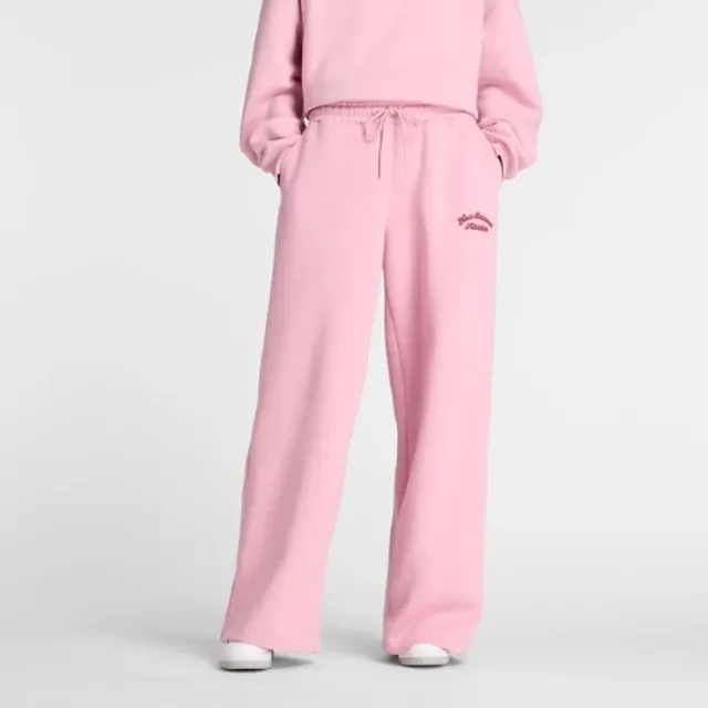 New Balance Women's Linear Heritage Fleece Wide Leg Pant in Pink Cotton Fleece