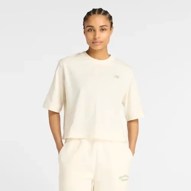 New Balance Women's Linear Heritage Relaxed T-Shirt in White Cotton Jersey