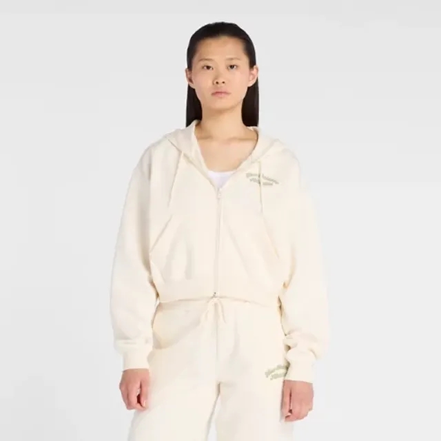 New Balance Women's Linear Heritage Fleece Full Zip in White Cotton Fleece