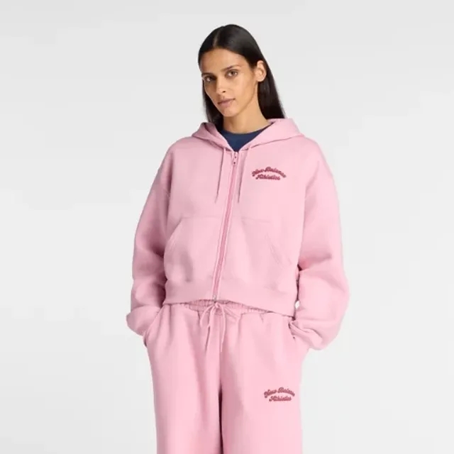 New Balance Women's Linear Heritage Fleece Full Zip in Pink Cotton Fleece