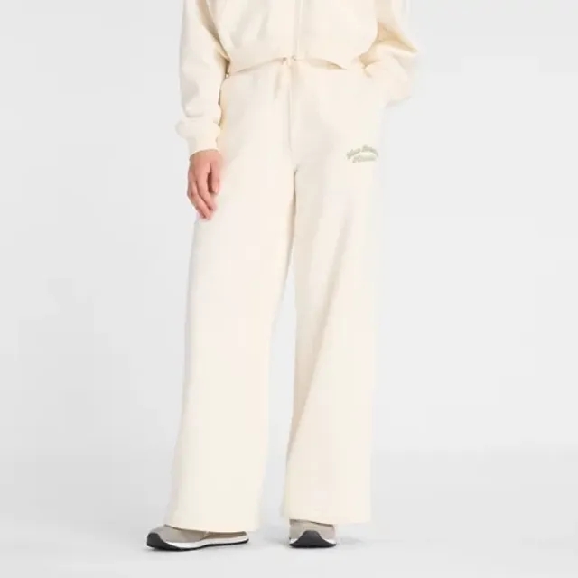 New Balance Women's Linear Heritage Fleece Wide Leg Pant in White Cotton Fleece