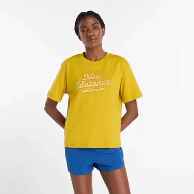 New Balance Women's Athletics Legacy T-Shirt in Yellow Cotton