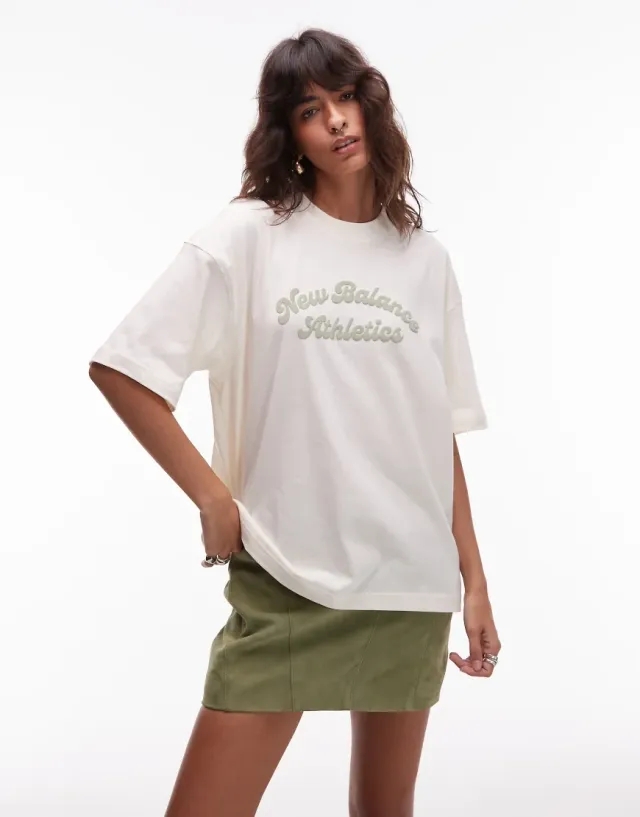 New Balance Women's Linear Heritage Oversized T-Shirt in White Cotton Jersey