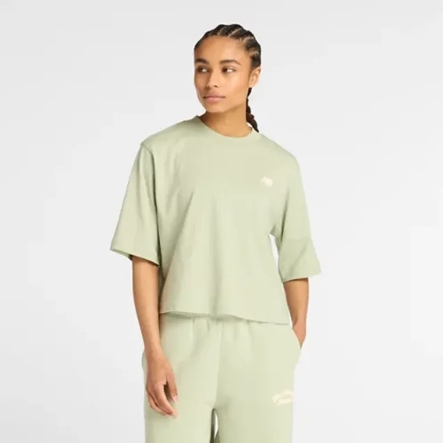 New Balance Women's Linear Heritage Relaxed T-Shirt in Green Cotton Jersey