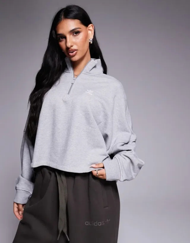 Adidas Originals Trefoil Essentials Half Zip Sweatshirt In Grey