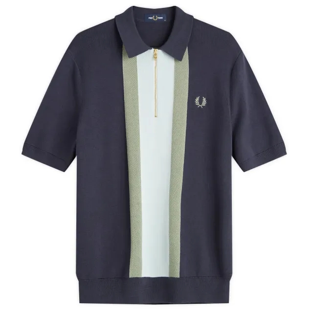 Fred Perry Men's Textured Stripe Knitted Zip Polo Shirt Dark Airforce