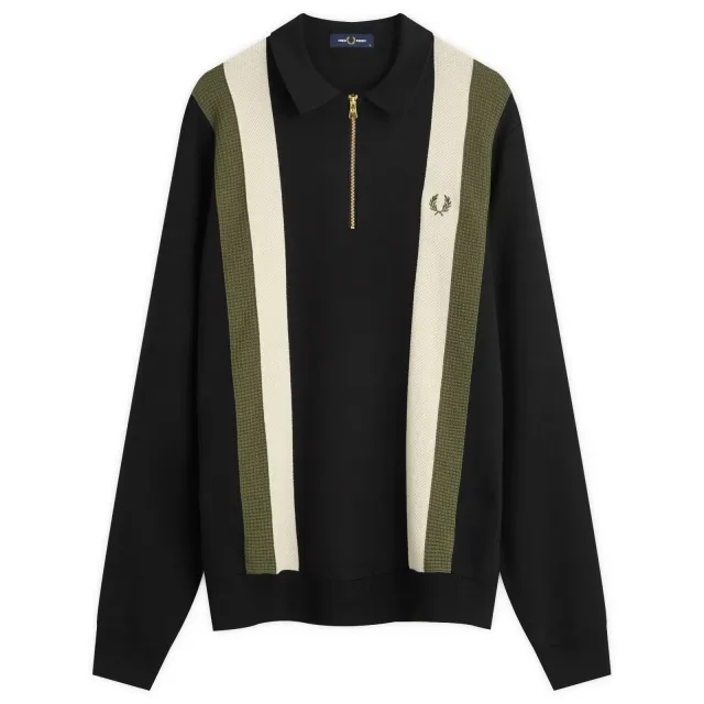 Fred Perry Men's Textured Knitted Long Sleeve Zip Polo Shirt Black