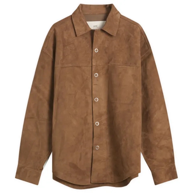 AMI Paris Men's Goat Suede Leather Shirt Jacket Noisette