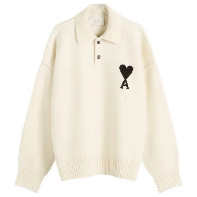AMI Paris Men's Felted Merino Wool Knit ADC Polo Ecru/Noir