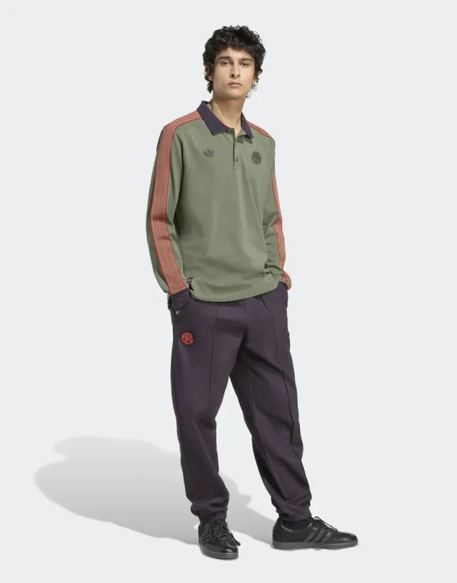 Adidas Originals Fc Bayern Terrace Icons Long Sleeve Polo Shirt In Base Green