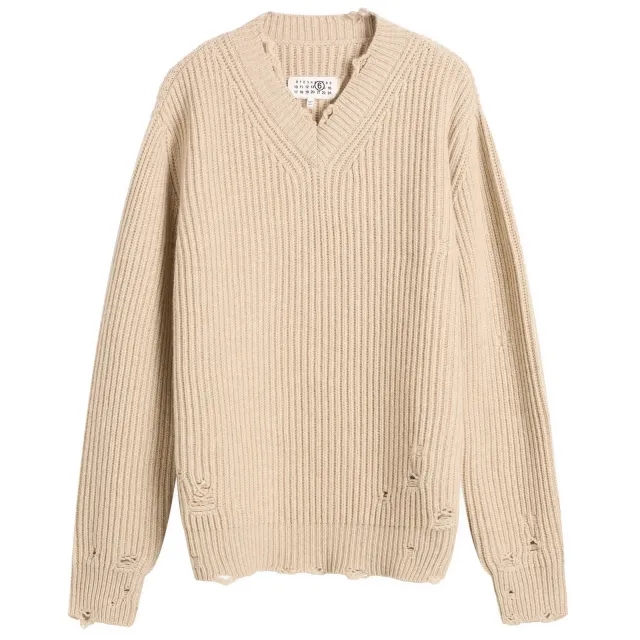MM6 Maison Margiela Women's Distressed Knitted Sweater Beige Melange