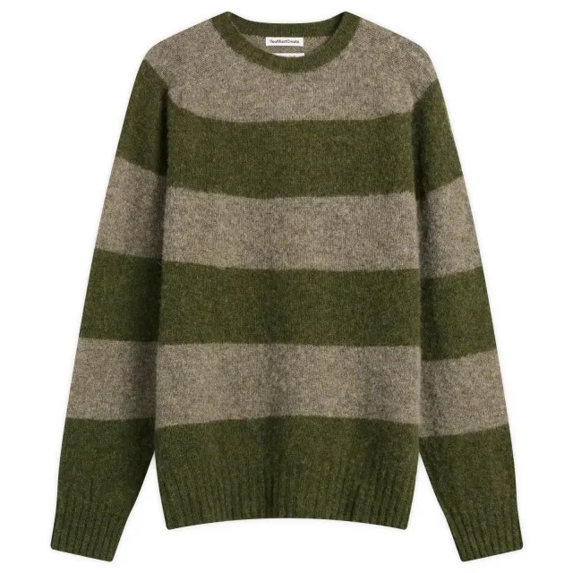 YMC Men's Suedehead Stripe Jumper Green/Brown