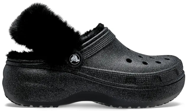 Crocs | Women | Classic Platform Fuzz Lined Glitter | Clogs | Black | 3