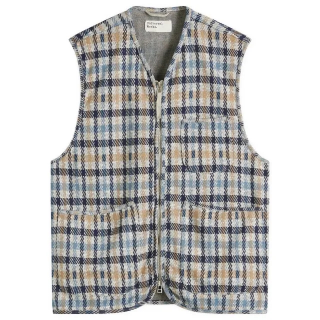 Universal Works Men's Summer Check Zip Gilet Brown/Blue