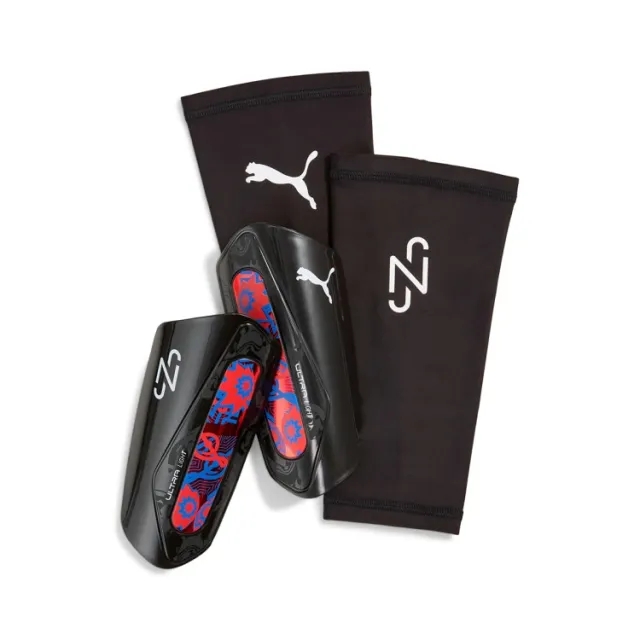 PUMA Neymar Jr Ultra Light Sleeve Football Shinguards, Black/Red/Ultra Blue, size Large