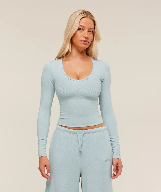  Waffle Long Sleeve Top - Smoke Blue