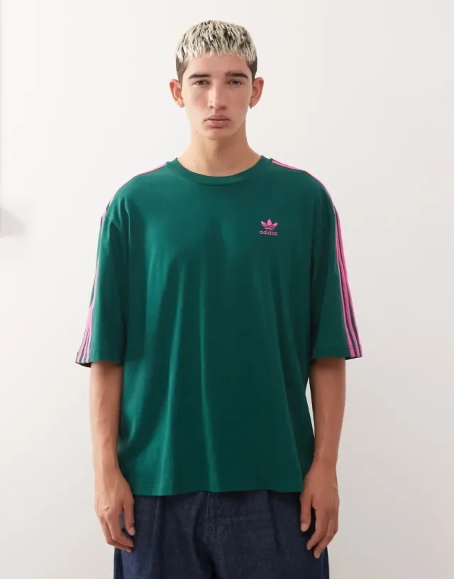 Adidas Originals 3 Stripe Oversized T-Shirt In Green And Pink