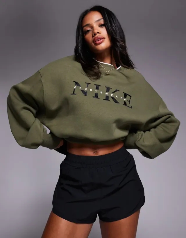 Nike Phoenix Fleece Gym Life Swoosh Logo Sweatshirt In Khaki-Green