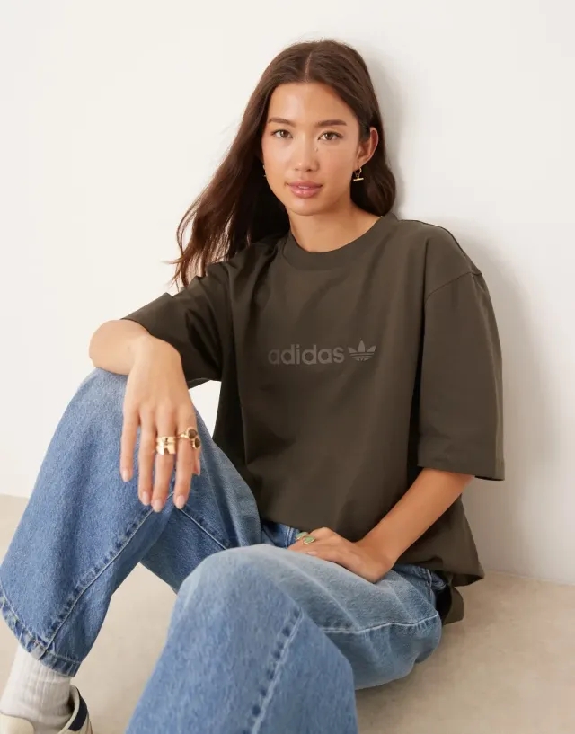 Adidas Originals Oversized Linear Logo T-Shirt In Olive-Green