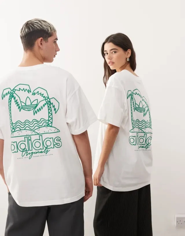 Adidas Originals T-Shirt With Palm Tree Back Graphic In White