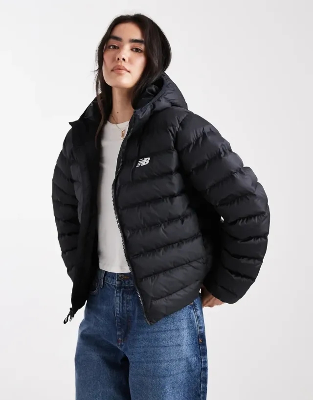 New Balance Women's Sport Essentials Hooded Puffer Jacket in Black Polywoven