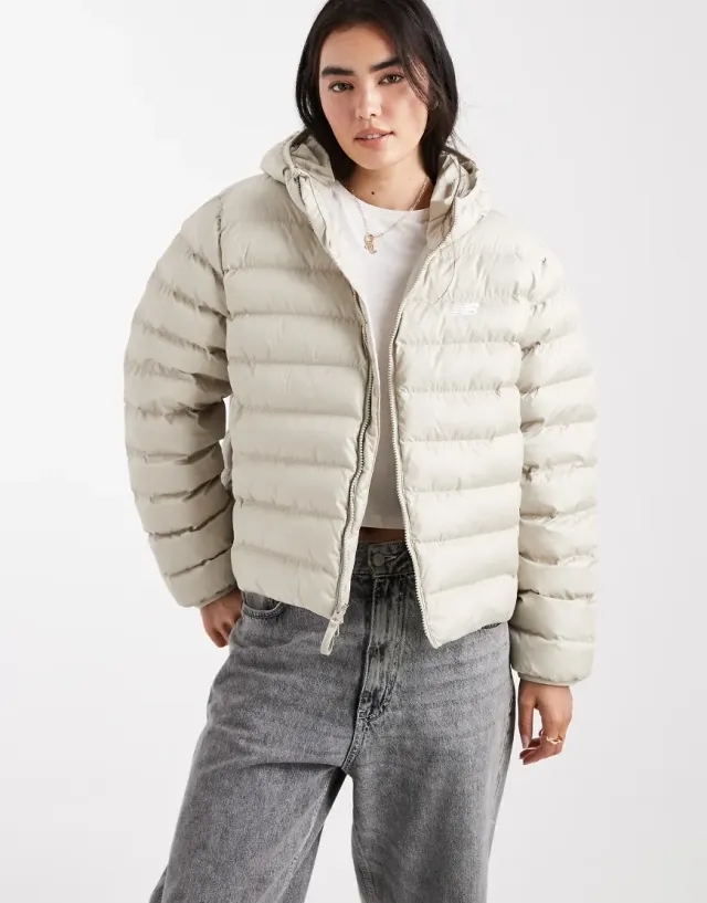 New Balance Women's Sport Essentials Hooded Puffer Jacket in Grey Polywoven