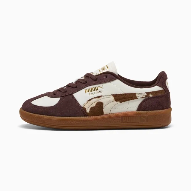 PUMA Palermo Cow Print Sneakers Women, Warm White/Chocolate Brown/Gum, size 3